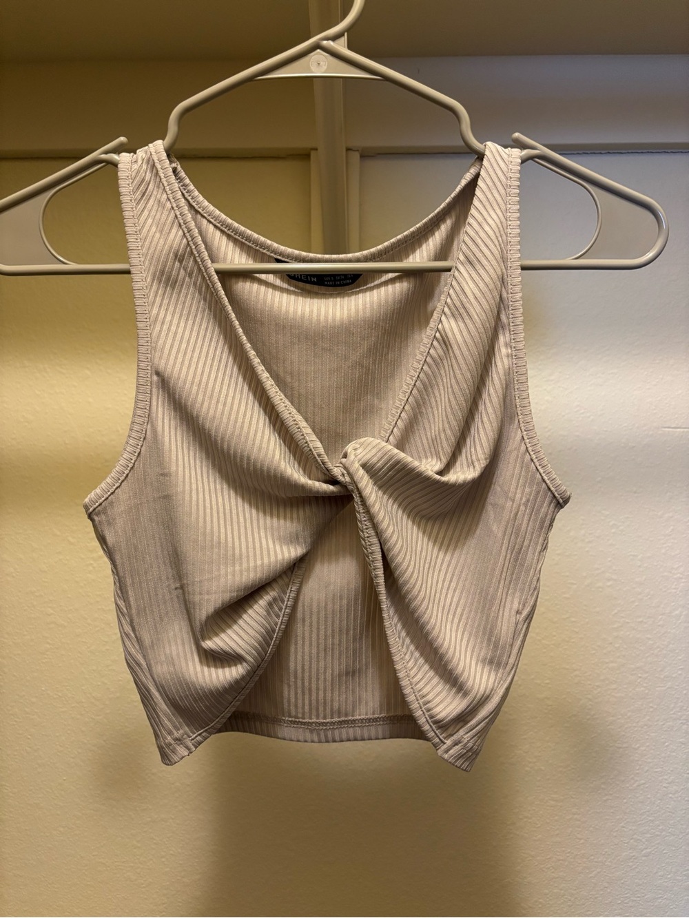Ribbed Knot Front Crop Tank Top - Beige